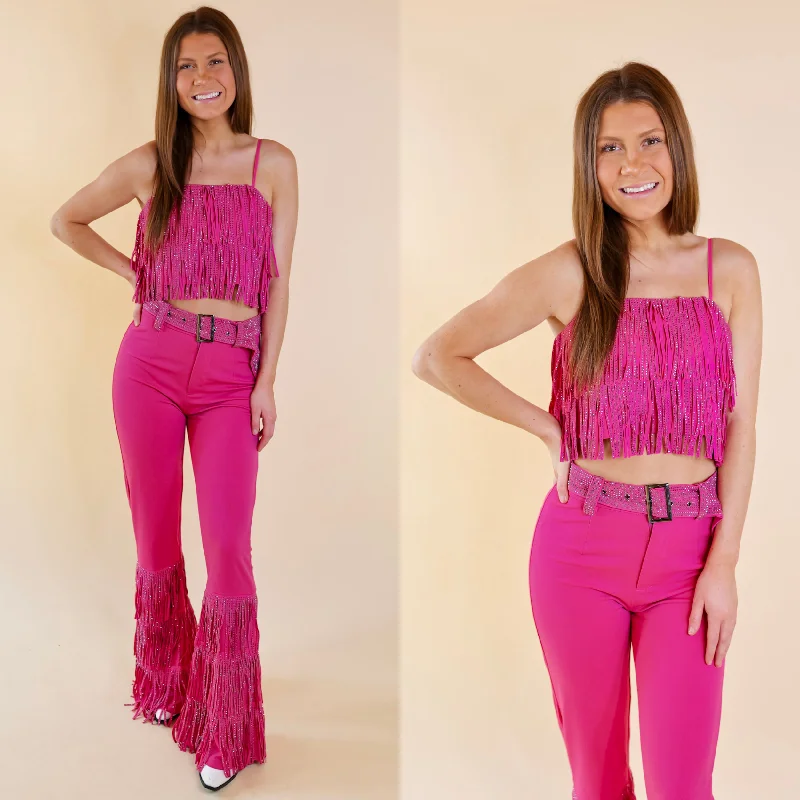 Women's High-End Clothing Last Chance Size Large | Cowboy Killer Crystal Fringe Crop Top in Pink