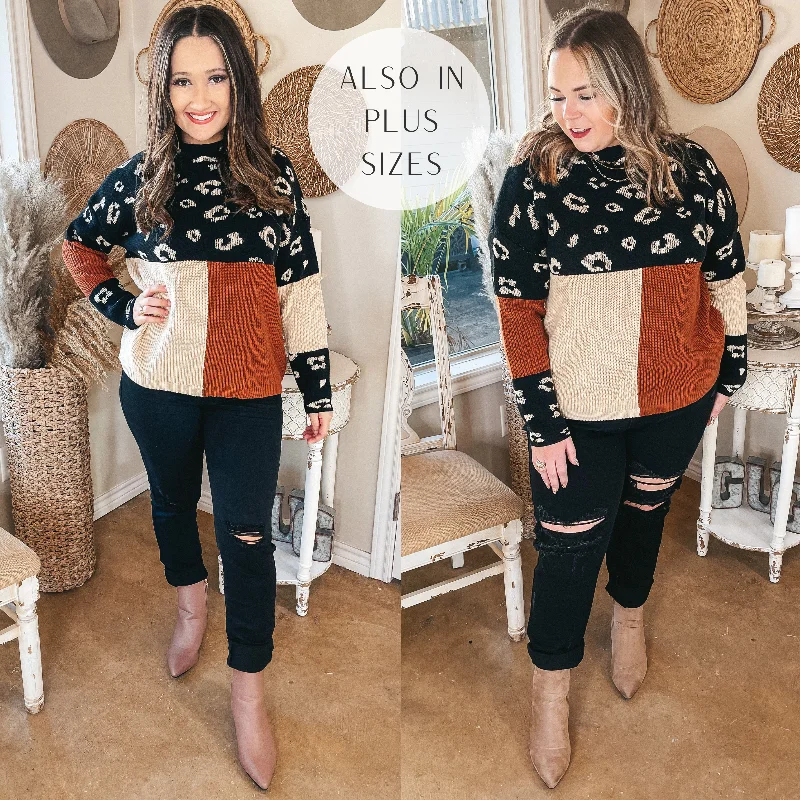 Women's Fashionable Clothing Sets Just Warming Up Leopard Print Color Block Knit Pullover Sweater in Black & Rust