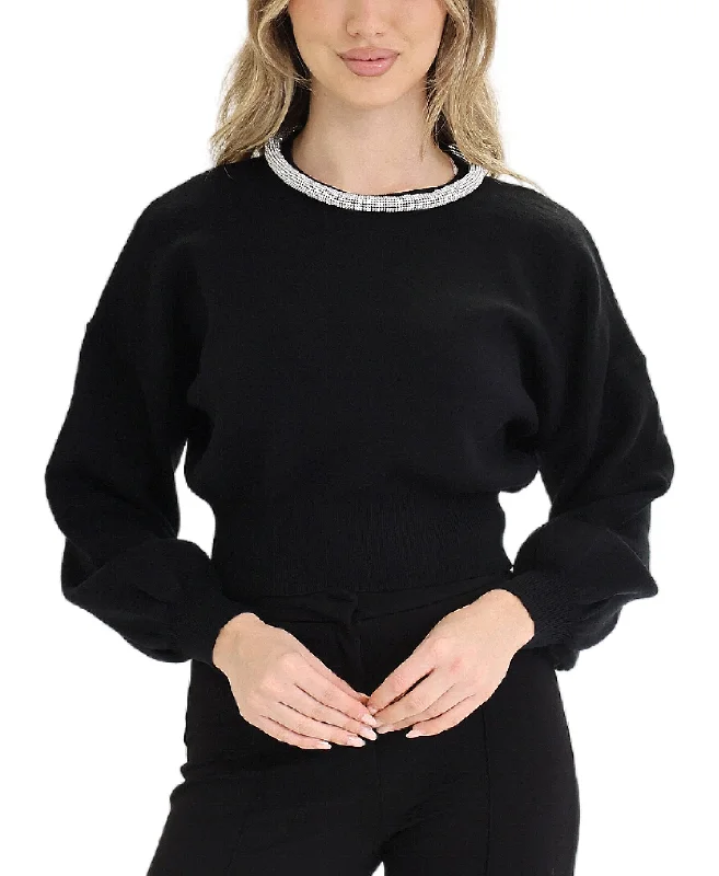 Vintage-Inspired Garments Crop Sweater w/ Rhinestone Collar