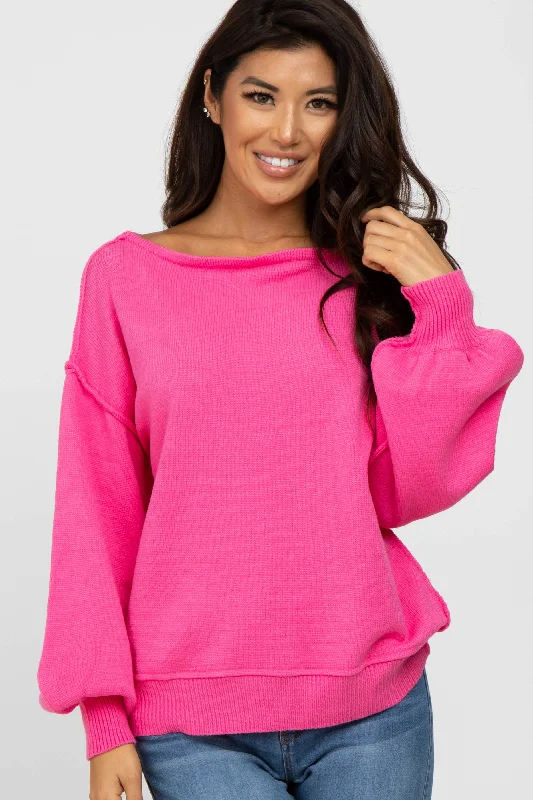 Charming Everyday Clothing For Women Fuchsia Boat Neck Bubble Sleeve Sweater