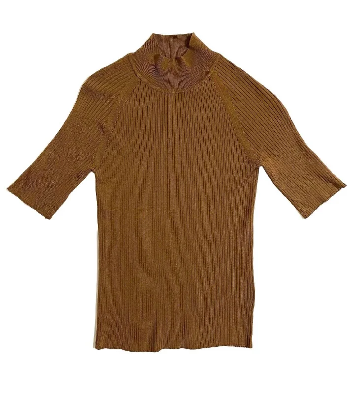 Women's Cozy Clothes Women's Mock Neck Short Sleeve Knit Top In Brown