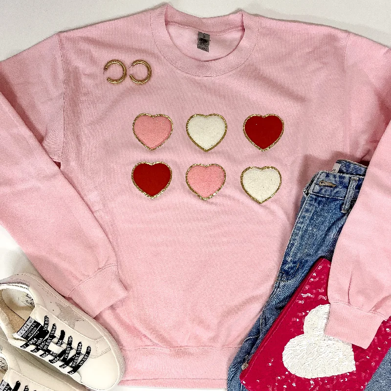 Women's Clothing For Holiday Travel Lots Of Love Chenille Heart Graphic Sweatshirt with Long Sleeves in Light Pink