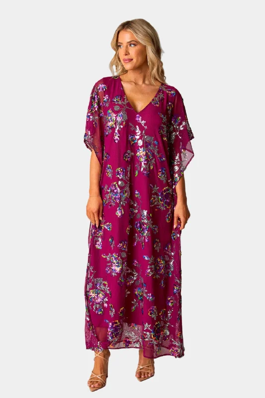 Women's Effortless Casual Outfit Atlas Sequin Caftan Maxi Dress - Red Sangria