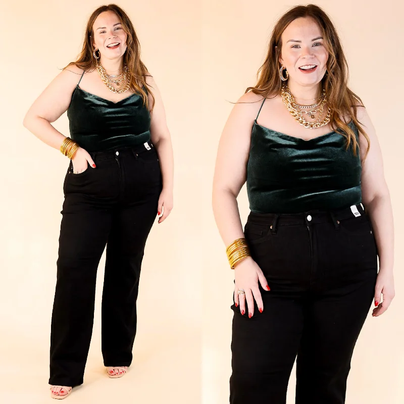 Women's Elegant Evening Attire Rock Show Velvet Cowl Neck Bodysuit with Spaghetti Straps in Dark Green