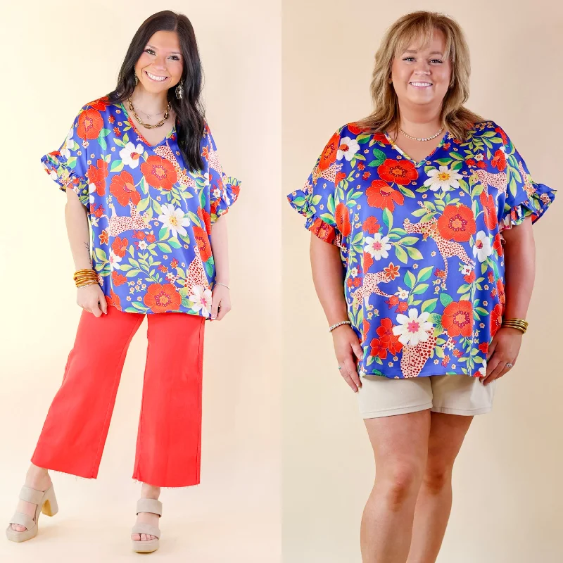 Vintage-Inspired Women's Clothes Best Version Floral and Cheetah Print V Neck Top with Ruffle Short Sleeves in Blue