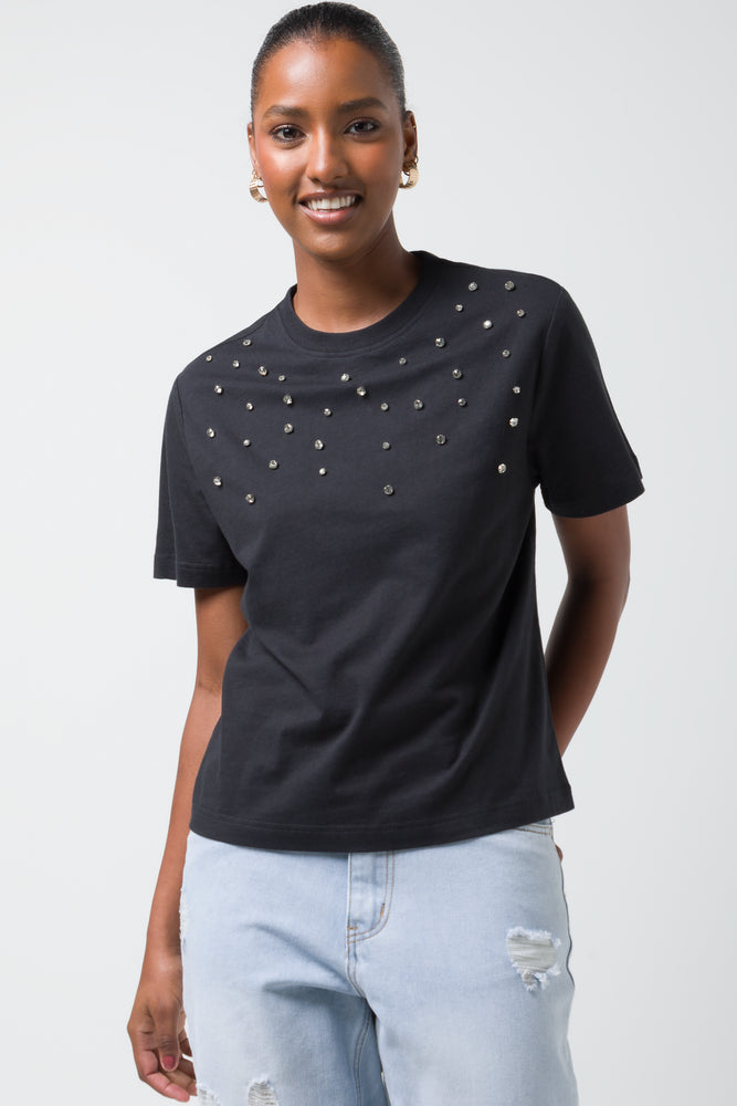 Casual Chic Women's Clothes Diamante T-Shirt Black