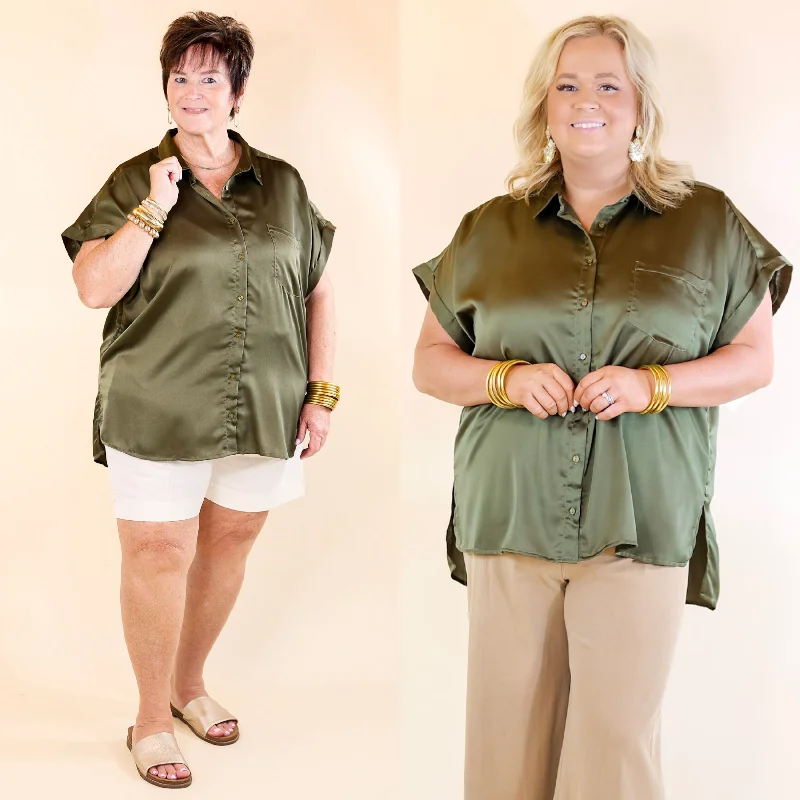 Women's Elegant Garments Free To Be Fab Button Up Short Sleeve Top in Olive Green