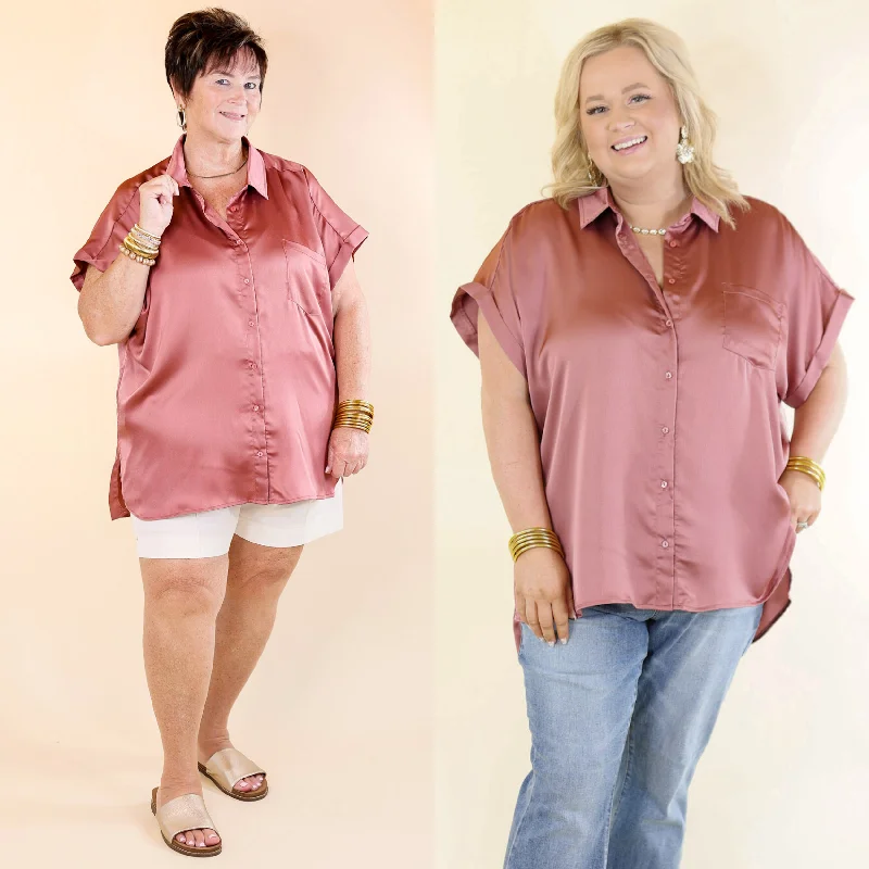 Charming Women's Garments Free To Be Fab Button Up Short Sleeve Top in Mauve Pink