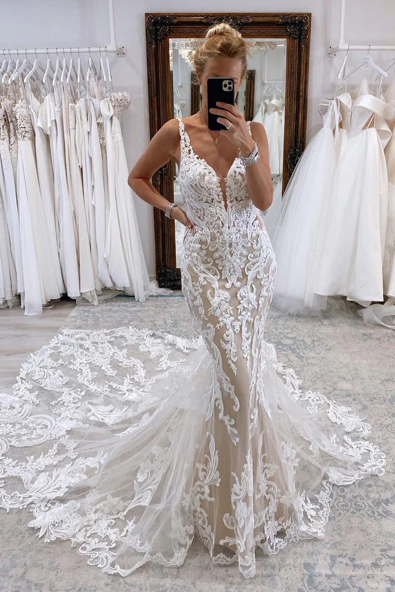 Formal Outfit For Women Wedding Dresses Mermaid V Neck Tulle Lace with Train