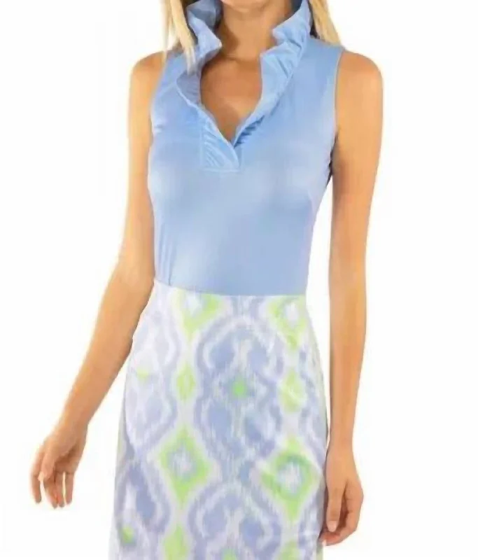 Women's Comfortable Lounge Attire Sleeveless Ruffneck Jersey Blouse In Periwinkle