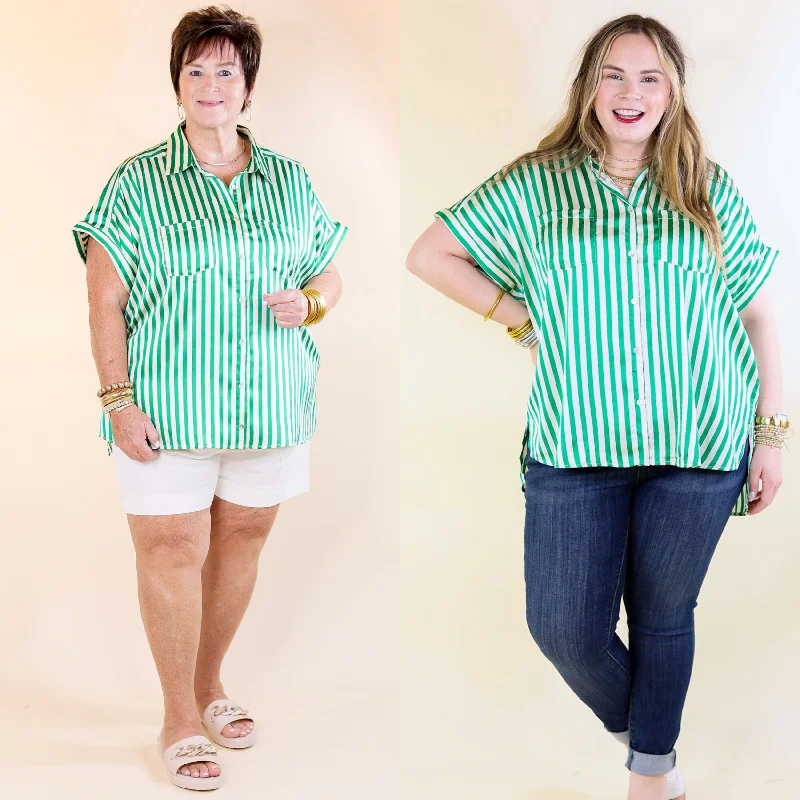 Women's Functional Outdoor Garments Free To Be Fab Button Up Short Sleeve Striped Top in Green