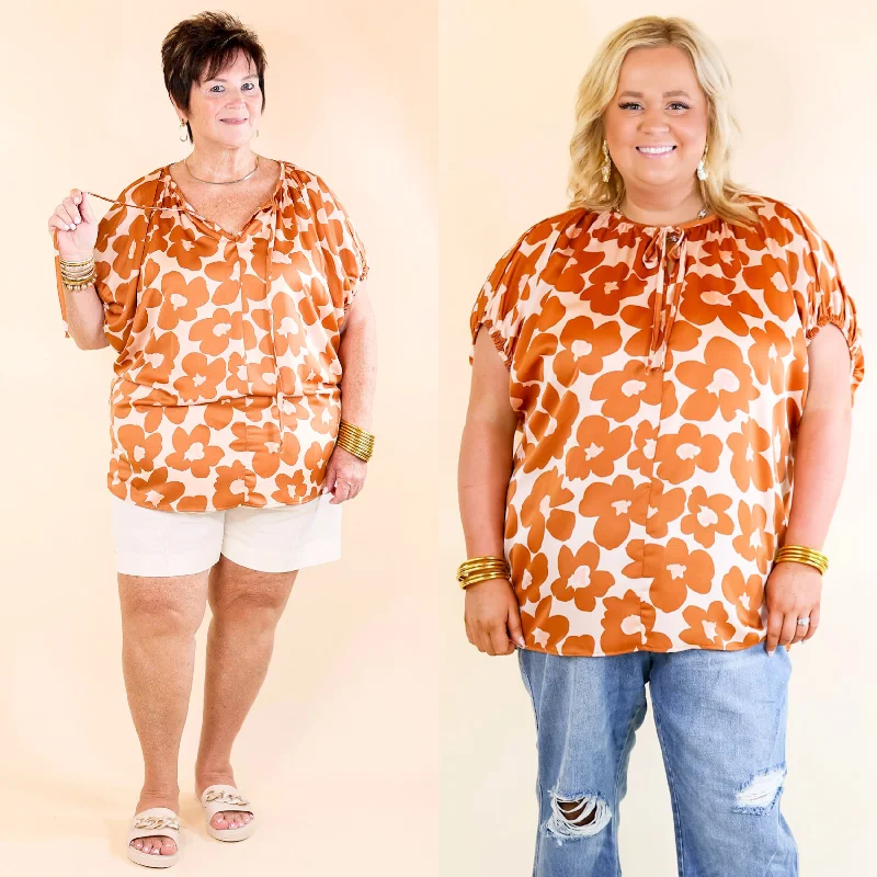 Plus-Size Women's Garments Counting Kisses Short Sleeve Floral Top with Keyhole in Copper