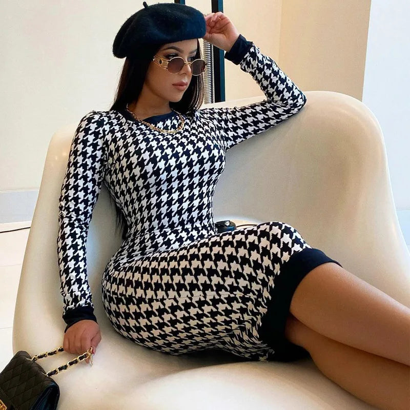 Timeless Women's Outfit Houndstooth Print Women Long Sleeve Hollow Out Bodycon Streetwear 2024 Autumn Winter Club Elegant Slim Midi Dress