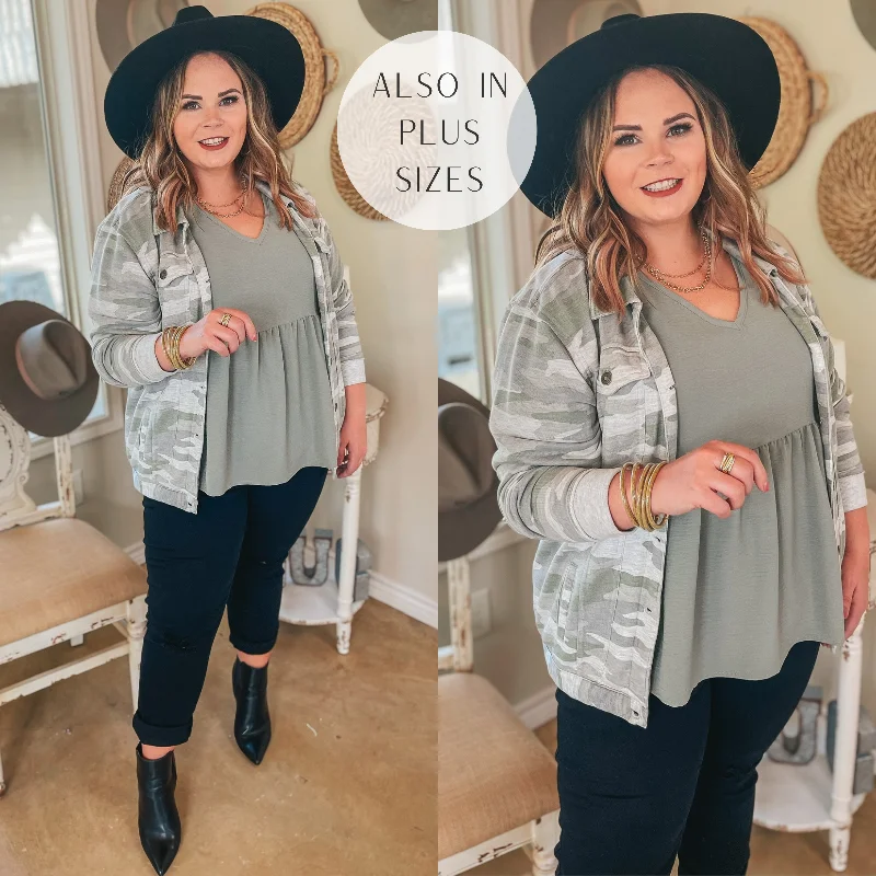 Timeless Women's Apparel Weekend Dreaming Button Up French Terry Jacket with Pockets in Camouflage