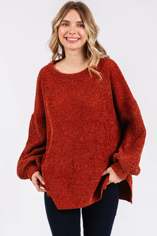 Women's Active Clothing Rust Chenille Knit Balloon Sleeve Sweater