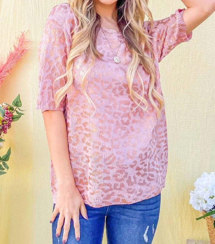 Women's Plus-Size Apparel Leopard Foil Summer Sweater In Dusty Rose