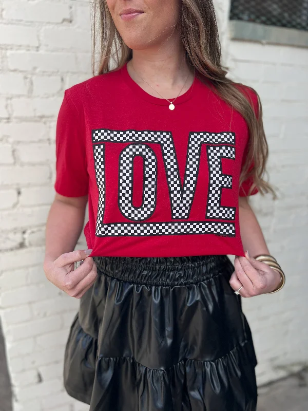 Women's Travel Outfit Set Funky Checkered Love Tee-Red