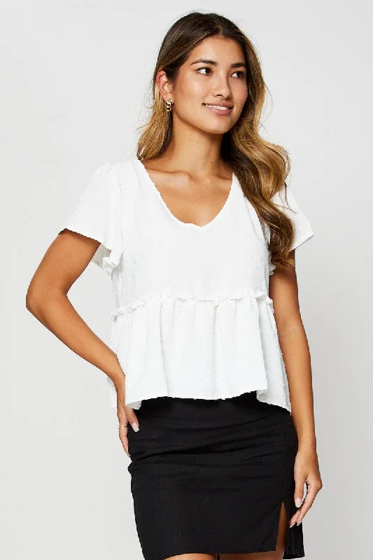 High-Fashion Women's Clothing White Peplum Top Short Sleeve Button Front