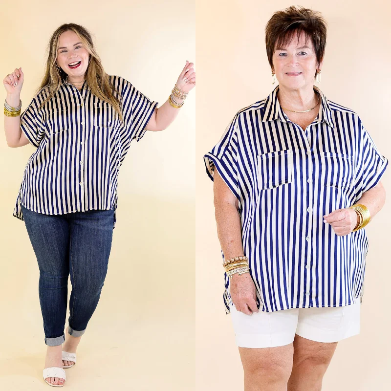 Affordable Luxury Women's Garments Free To Be Fab Button Up Short Sleeve Striped Top in Navy Blue