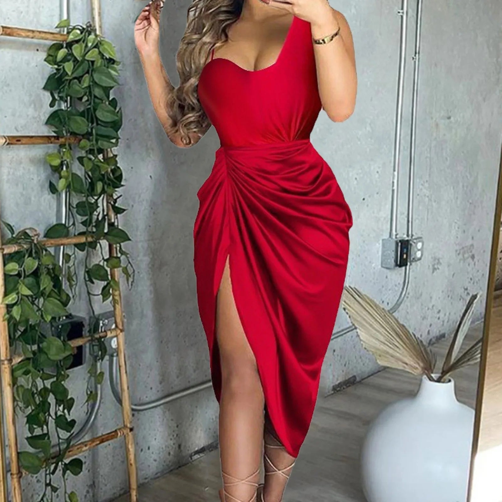 Chic Clothes For Women Wedding Guest For Women Solid Color Side Slit Smocked One Shoulder Evening Casual Party Midi Dress