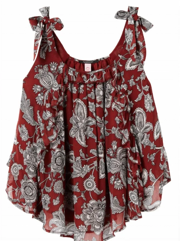 Women's High-Fashion Apparel Printed Ruffle Tank In Burgundy Combo