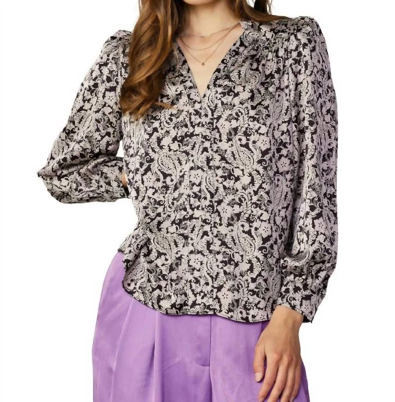 Modern Women's Outfit Jacquard Paisley Vneck Blouse In Pink Black