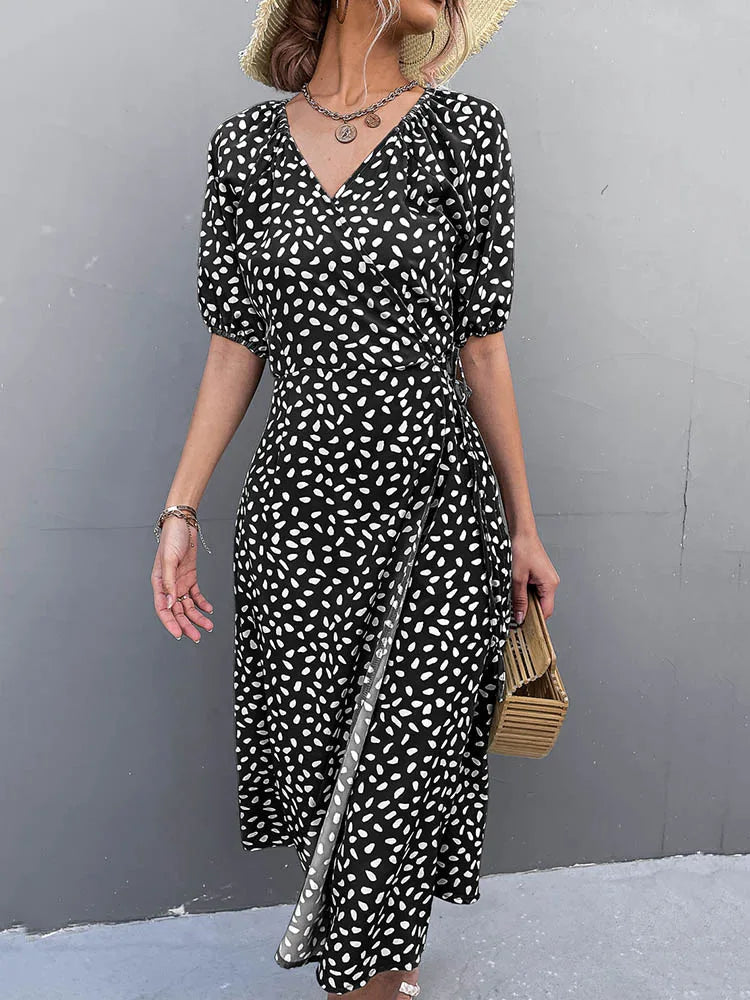 Women's Seasonal Clothes Casual Chiffon Side Wrap Polka Dot Puff A-line Split Midi Dresses