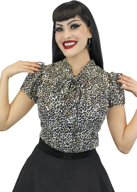 Women's Formal Event Clothing Balloon Sleeve Tie-Neck Blouse - Leopard Print #LTNB