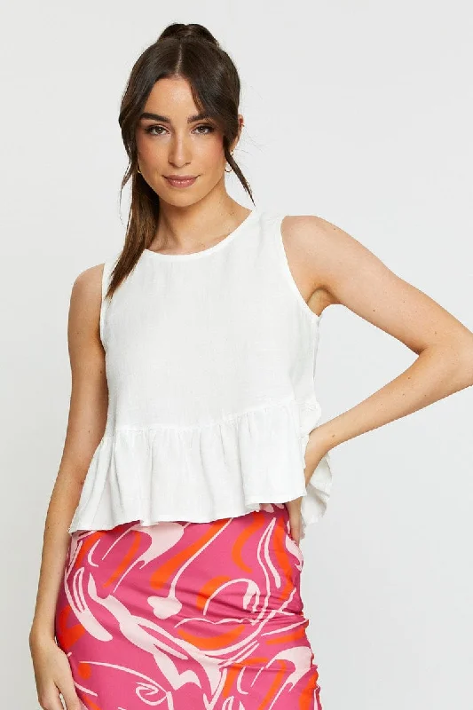 Women's Evening Apparel White Peplum Top Sleeveless Ruffle