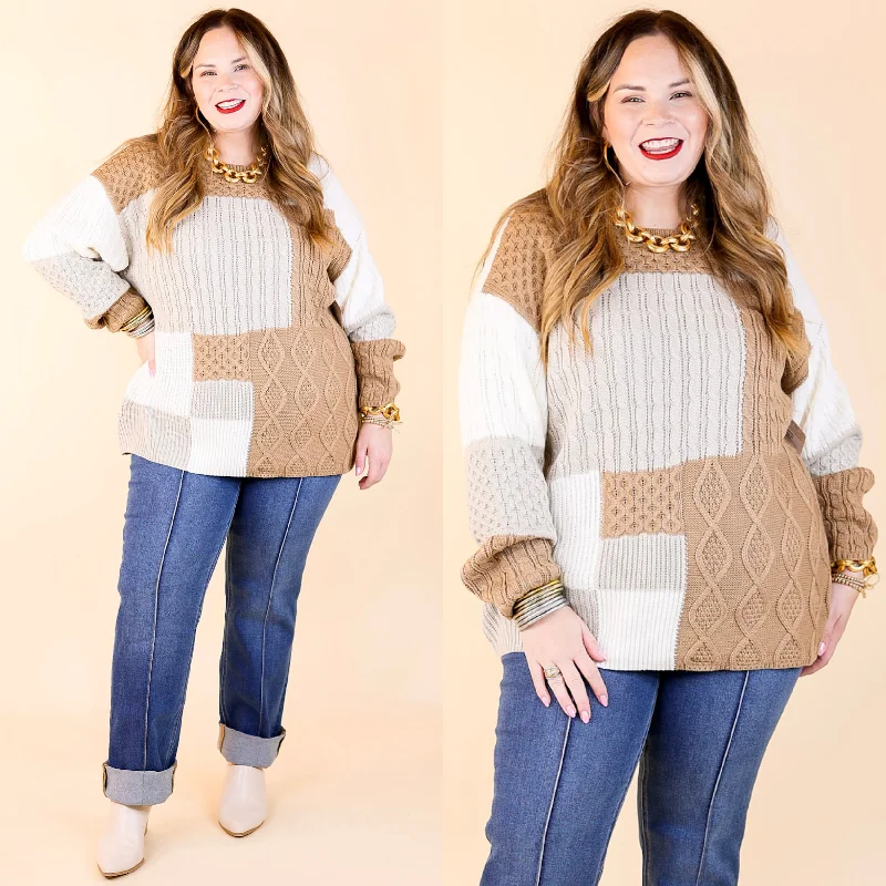 Women's Chic Outerwear Attire Frozen Lake Mix Knit Color Block Sweater in Ivory, Tan, and Grey