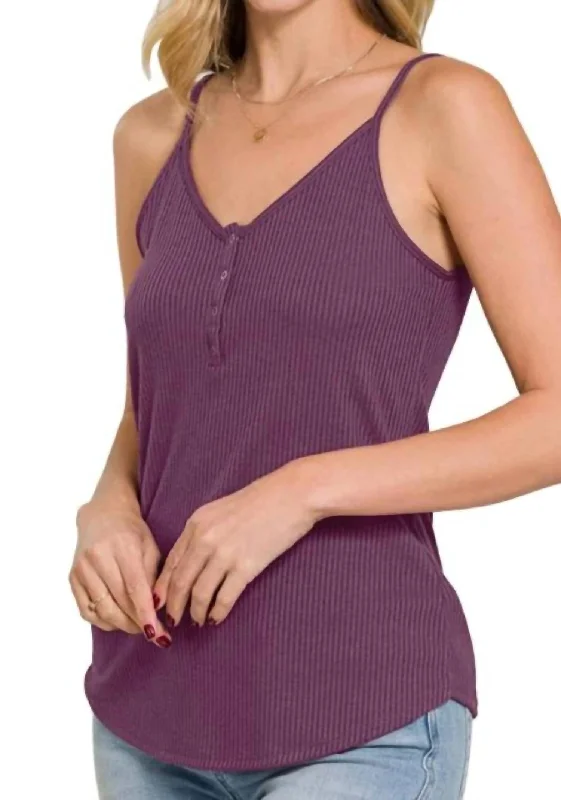 Timeless Women's Outfit Ribbed Button V-Neck Tank Top In Plum