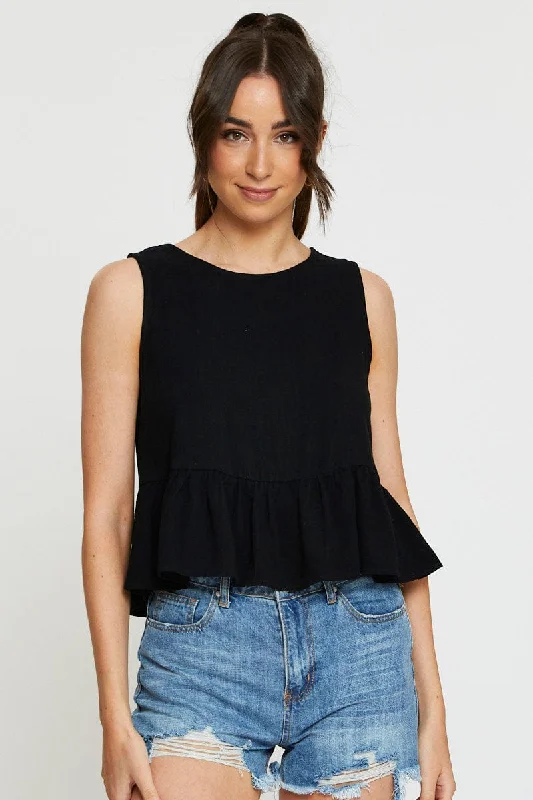 Women's Trendy Clothes Black Peplum Top Sleeveless Ruffle