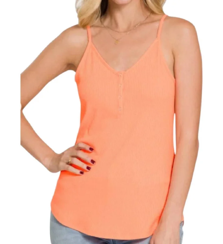 Women's Work Outfit For The Office Ribbed Button V-Neck Tank Top In Coral