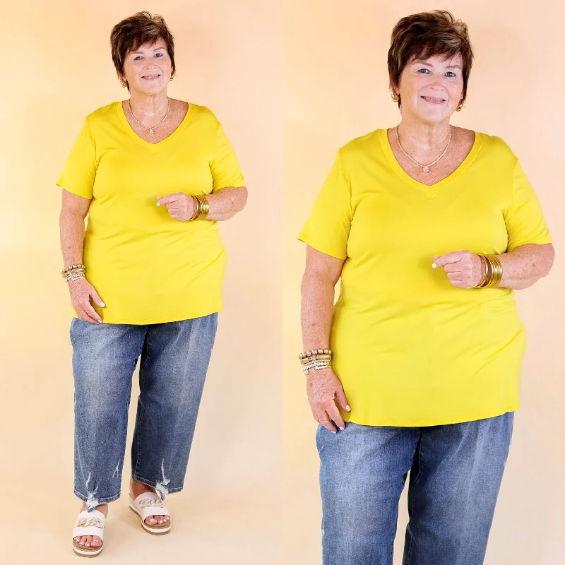 Women's Casual Garments It's That Simple Solid V Neck Tee in Yellow