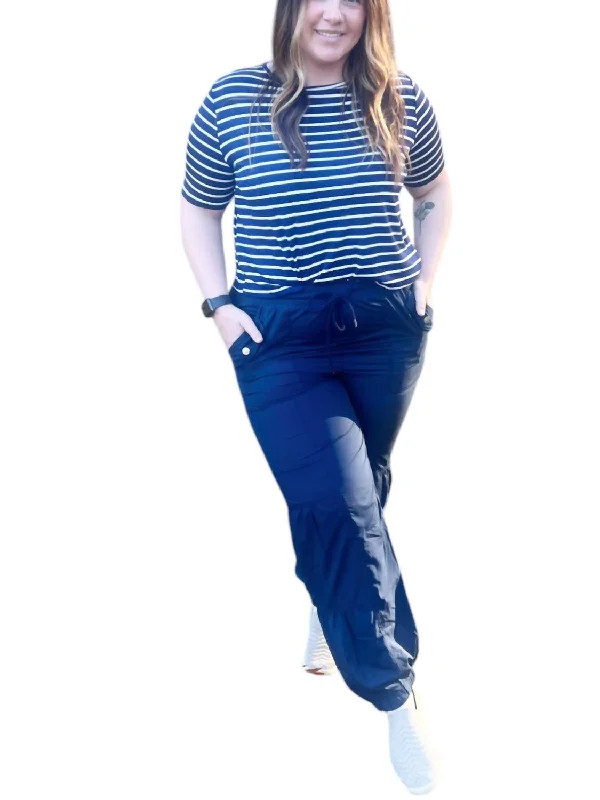 Stylish Women's Outfit Striped Bows In Back Tee Top In Navy Blue