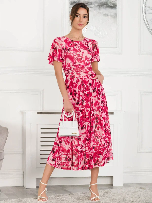 Casual Attire For Women Giana Floral Midi Dress, Pink Abstract