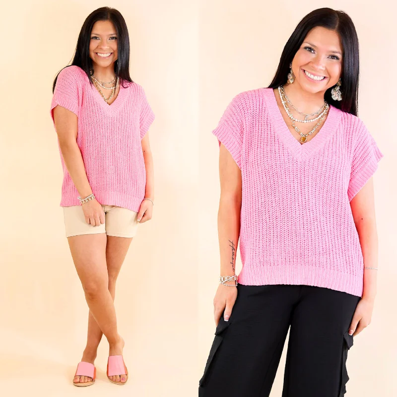 Fashionable Women's Casual Apparel Summer Days Short Sleeve V Neck Sweater in Hot Pink