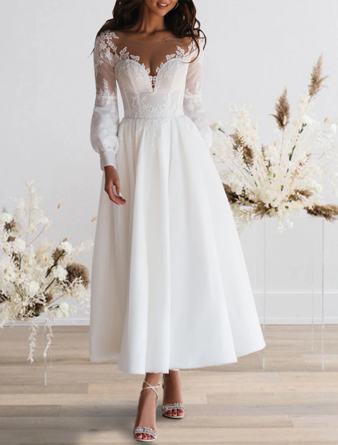 Chic Clothes For Women Reception Fall Wedding Dresses Vintage 1940s / 1950s Little White Dresses A-Line Illusion Neck Long Sleeve Ankle Length Chiffon Bridal Gowns With Appliques Summer Wedding Party