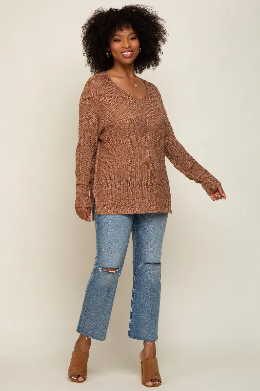 Sustainable Women's Clothing Mocha Chunky Knit Side Slit Sweater