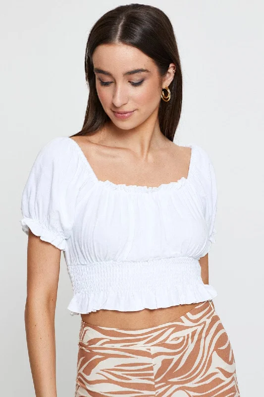 Women's Clothing For Work White Puff Sleeve Top Short Sleeve Crop