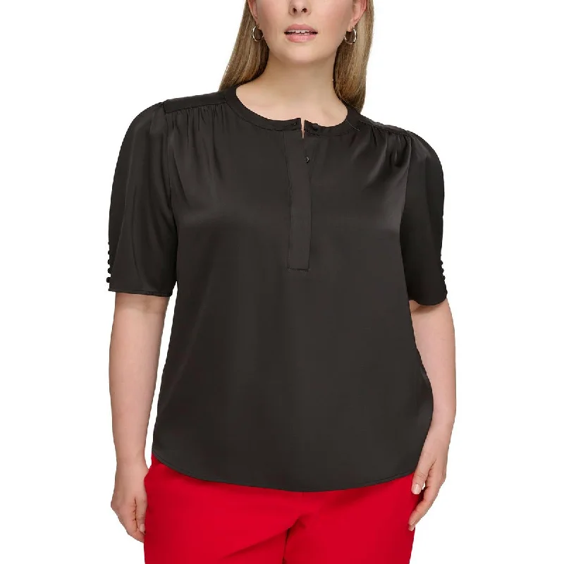 Women's Apparel Plus Womens Button Up Short Sleeves Blouse