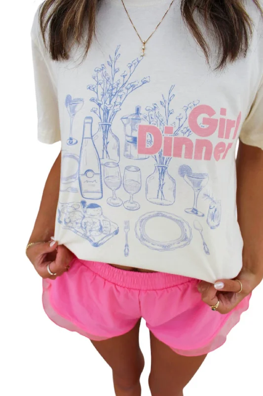 Women's Contemporary Apparel Girl Dinner Graphic Tee Top In Ivory