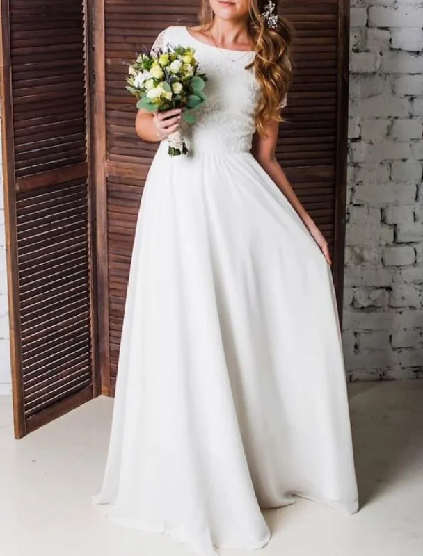 Women's Clothing For Special Occasions Beach Little White Dresses Wedding Dresses A-Line Scoop Neck Short Sleeve Floor Length Chiffon Bridal Gowns With Pleats Solid Color