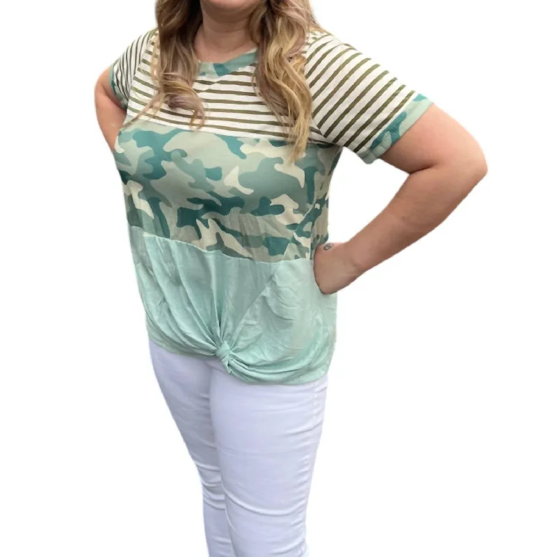 Women's Outdoor Attire Plus Camo And Stripes Tee In Mint Green