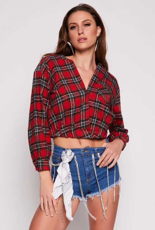 Women's Formal Event Clothing Spoon Jeans Plaid Faux Wrap Crop Top