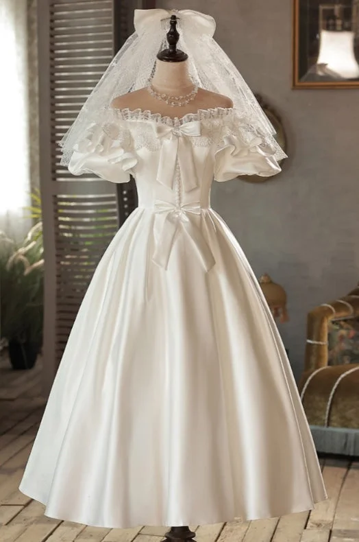 Women's Casual Attire Cute A-Line Retro Tea Length Satin Cute Off Shoulder Wedding Dress with Bows