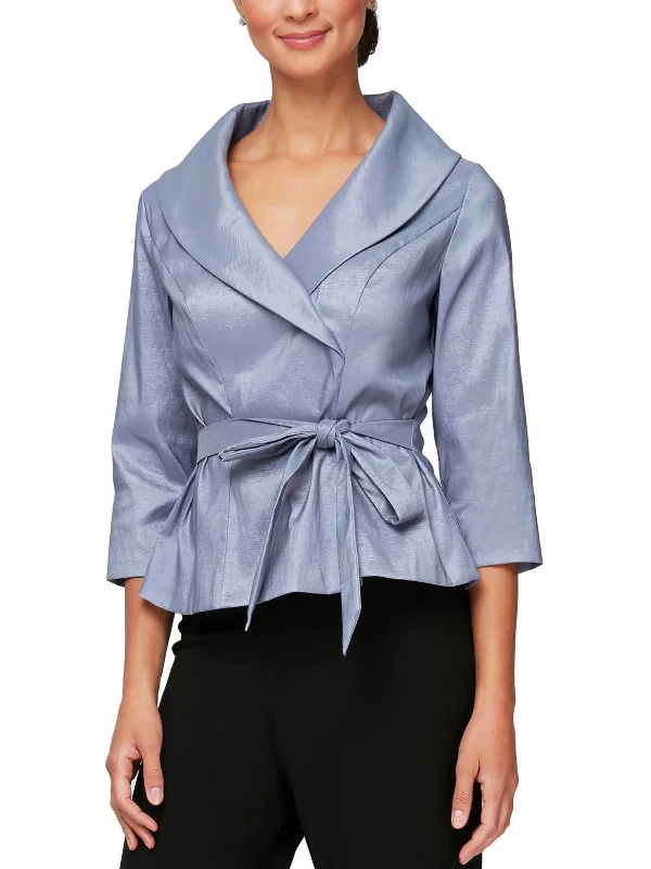 Women's Trendy Clothing Petites Womens Taffeta Belted Blouse