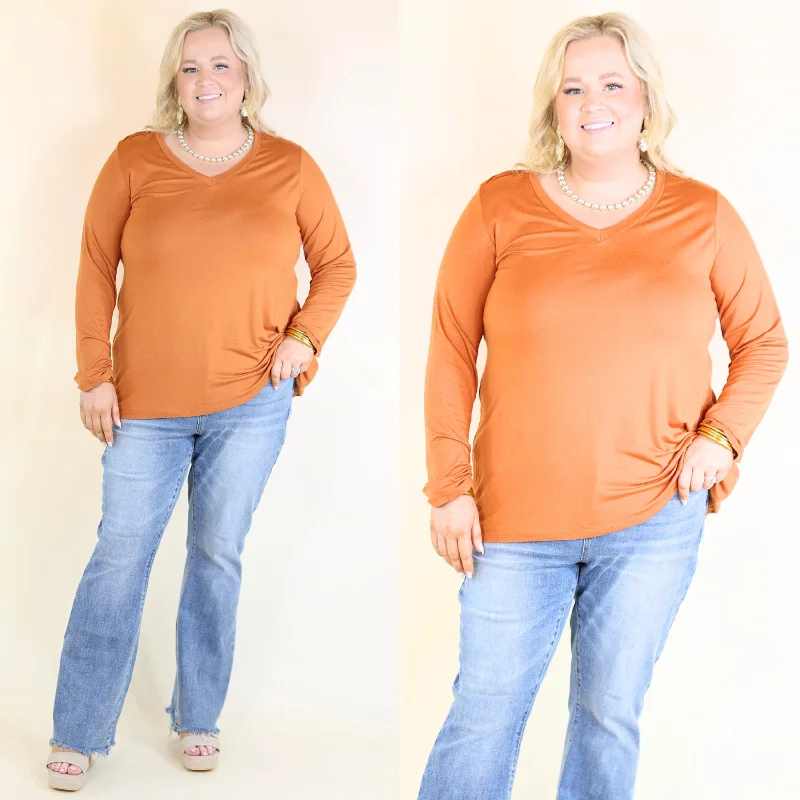 Chic Women's Garments It's That Simple Solid V Neck Long Sleeve Tee in Rust