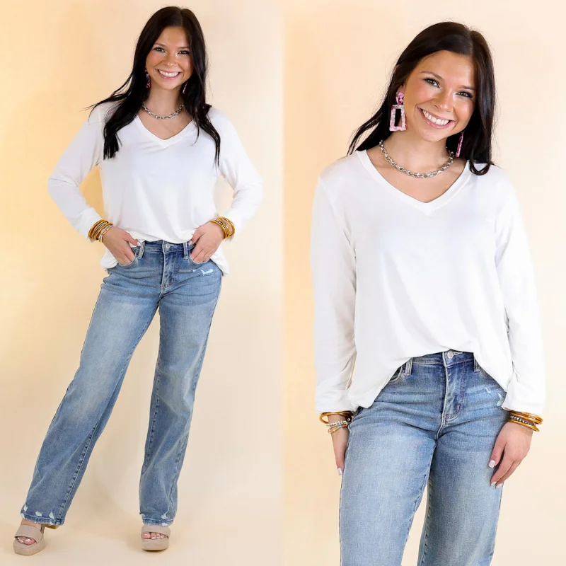 Affordable Women's Garments It's That Simple Solid V Neck Long Sleeve Tee in Ivory