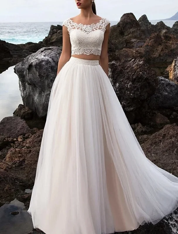 Women's High-Fashion Clothes Hall Casual Wedding Dresses Separates Illusion Neck Cap Sleeve Separates Lace Bridal Tops Bridal Gowns With Appliques